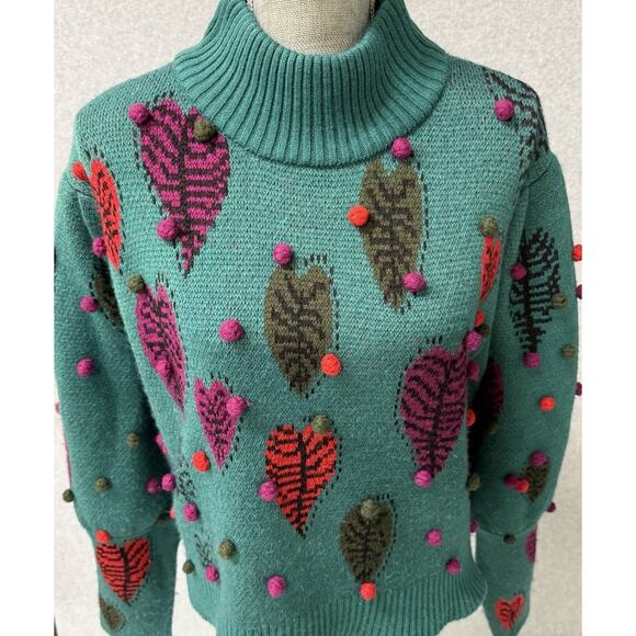 Farm Rio Monstera Hearts Intarsia-Knit Sweater Pom Poms Woman’s Medium - Picture 2 of 11